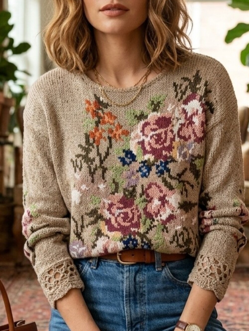 Vintage Casual Corner Floral Silk Blend Knit Sweater